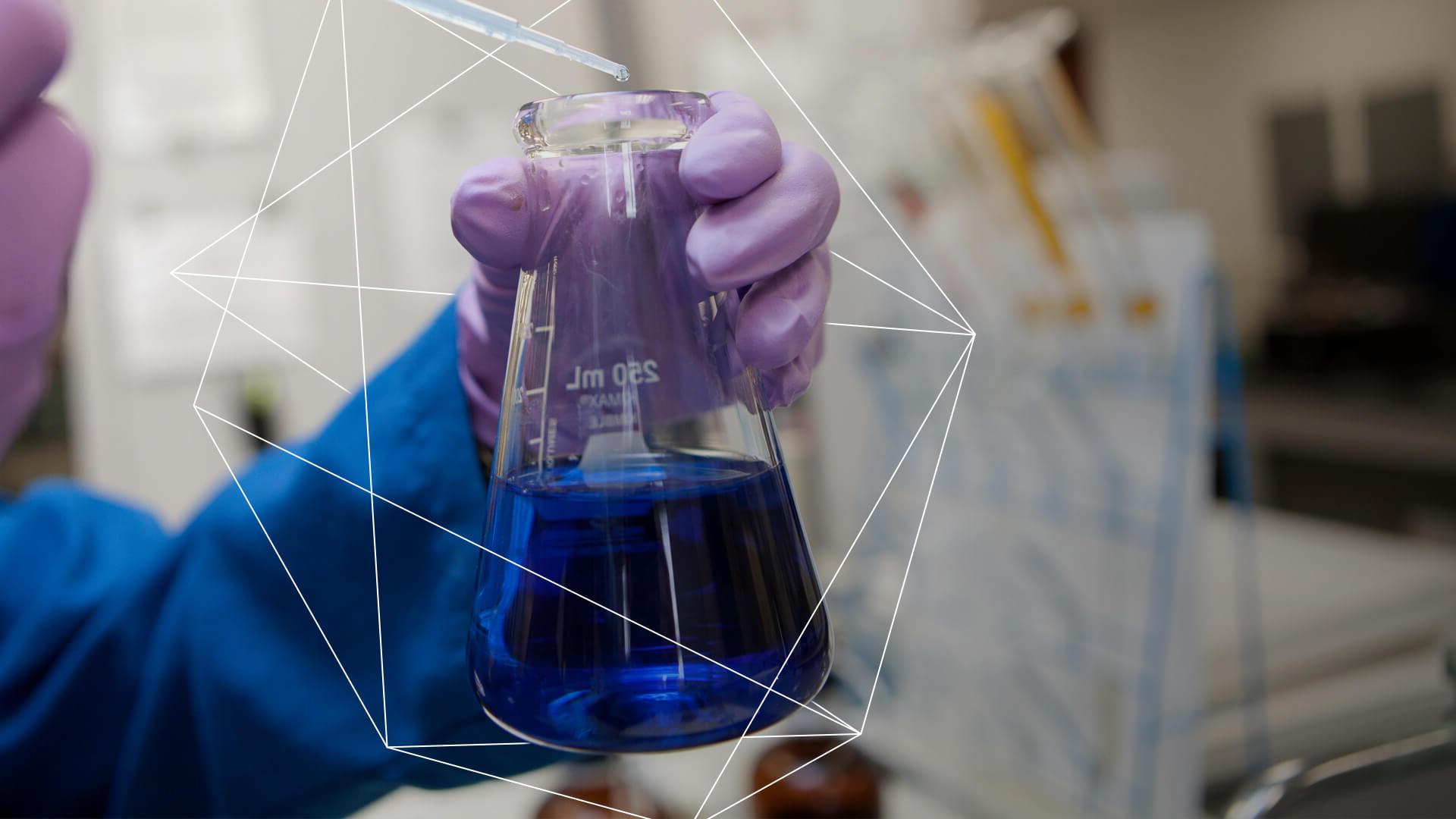 Blue liquid in 250 mL beaker at OxyChem laboratory